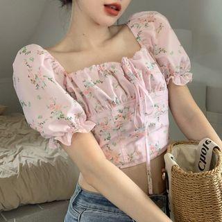 Short-sleeve Square Neck Floral Crop Top Pink - One Size