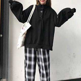 Plain Mock-neck Long-sleeve Pullover / Plaid Pants