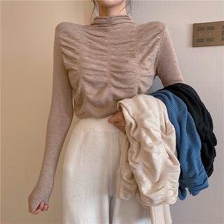 Long-sleeve Mock-neck Crinkled Knit Top