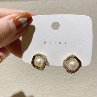 Rhinestone Faux Pearl Square Stud Earring 1 Pair - White & Gold - One Size