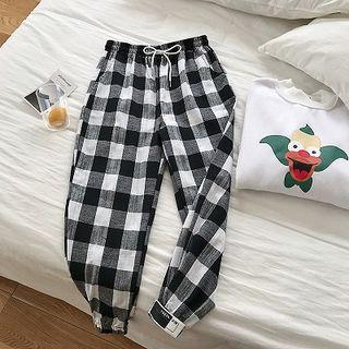 Color-block Plaid Cropped Pants Black - One Size