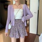 Knit Camisole Top / Cardigan / Floral Print Mini Skirt