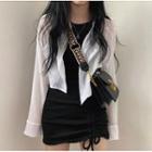 Sleeveless Drawstring Mini Bodycon Dress / Long-sleeve Plain Shirt