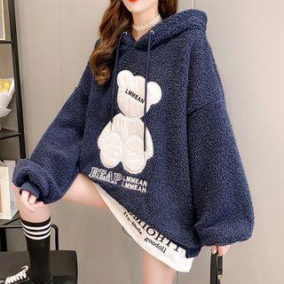 Mock Two-piece Lettering Bear Fleece Hoodie