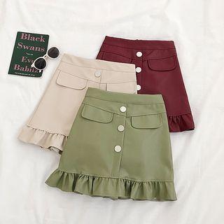 Ruffle-trim Single-breasted Leather A-line Skirt