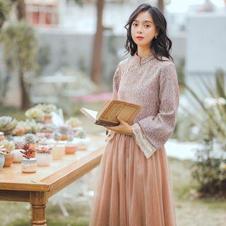 Floral Long-sleeve Blouse / Sheer Panel Maxi Skirt / Set