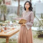 Floral Long-sleeve Blouse / Sheer Panel Maxi Skirt / Set