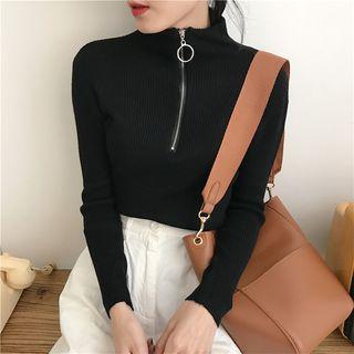 Half Zip Long-sleeve Knit Top Black - One Size