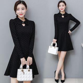 Long-sleeved Cutout Polka-dot A-line Sheath Dress