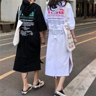 Elbow-sleeve Lettering Midi Hoodie Dress