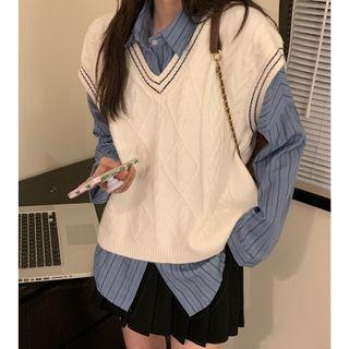 V-neck Cable Knit Sweater Vest / Striped Shirt