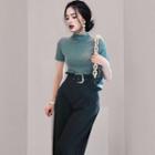 Set: Short-sleeve Mock Neck Top + Wide Leg Pants