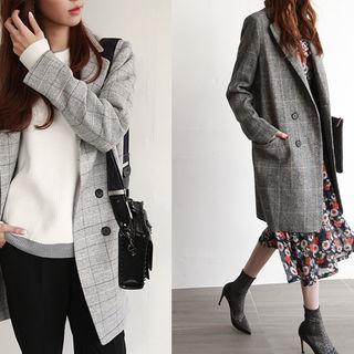 Double-breasted Checked Wool Blend Coat