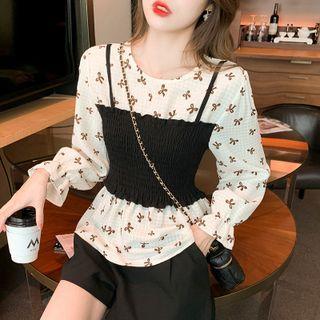 Mock Two-piece Print Round-neck Chiffon Shirt