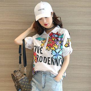 Floral Print Lettering 3/4 Sleeve Shirt