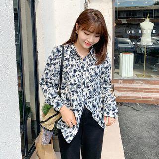 Long-sleeve Open-back Tie-strap Leopard Print Shirt