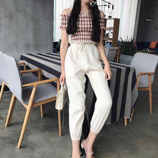 Set: Short-sleeve Check Top + Harem Pants