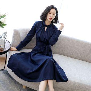Long-sleeve Keyhole Front Midi A-line Dress