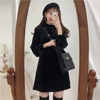Mock-turtleneck Velvet Balloon-sleeve A-line Dress