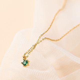 Rhinestone Pendant Sterling Silver Necklace S925 Silver Necklace - Green Rhinestone - Gold - One Size
