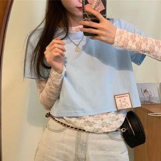 Long-sleeve Lace Top / Short-sleeve Bear Print T-shirt