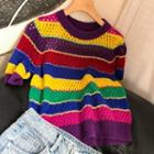 Short-sleeve Color Block Knit Top Stripe - Yellow & Purple & Red - One Size