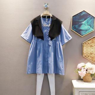 Set : Short-sleeve Plain Ruched Dress + Cropped Vest