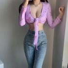 Butterfly Print V-neck Long-sleeve Cropped Top