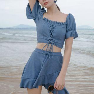 Set: Short-sleeve Lace-up Tankini Top + Swim Skirt