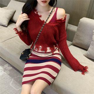 Set: Distressed V-neck Sweater + Spaghetti Strap Striped Mini Sheath Dress