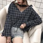 Mock Two-piece Long-sleeve Sheer Panel Plaid Top Red - One Size