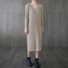 Long-sleeve Henley Knit Midi Dress