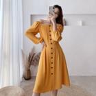 Boatneck Long-sleeve Buttoned A-line Midi Dress