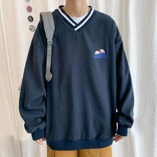 Embroidered V-neck Long-sleeve Sweatshirt