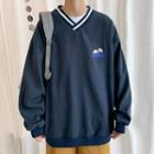Embroidered V-neck Long-sleeve Sweatshirt