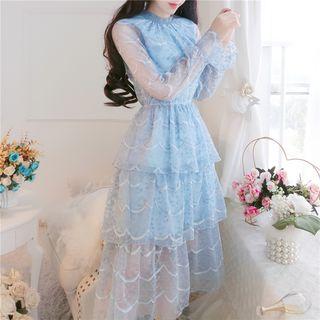 Long-sleeve Gather Waist Layered Lace Midi Dress