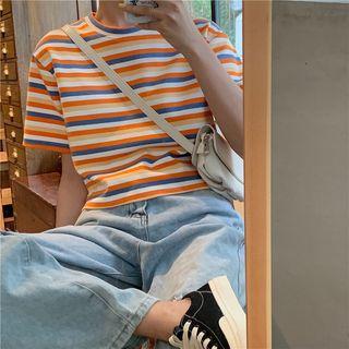 Short-sleeve Striped Cropped T-shirt Rainbow Stripe - One Size