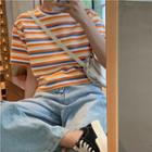 Short-sleeve Striped Cropped T-shirt Rainbow Stripe - One Size