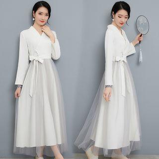 Tie Waist Long-sleeve A-line Maxi Dress