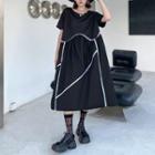 Short-sleeve Contrast Trim Shirred Midi A-line Dress Black - One Size