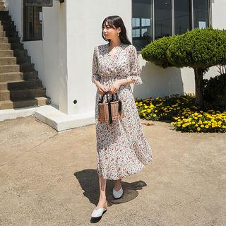 Wrap-neck Floral Chiffon Maxi Dress