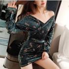 Off-shoulder Long-sleeve Floral Print Mini Bodycon Velvet Dress