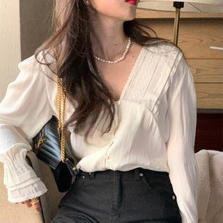 Bell-sleeve Plain Crochet Blouse
