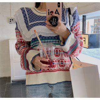 Patterned Ruffle Trim Sweater Red & Blue & White - One Size