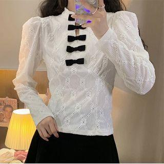 Bow Accent Cut-out Lace Long-sleeve Top