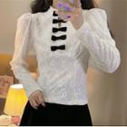 Bow Accent Cut-out Lace Long-sleeve Top