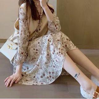Set: Long Sleeve Floral Print Chiffon Dress + V-neck Sweater Vest