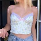 Tie-shoulder Lace-trim Bow-accent Floral Print Cropped Camisole Top