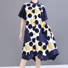 Short-sleeve Dotted Panel Midi A-line Shirtdress As Shown In Figure - One Size