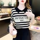 Short-sleeve Lettering Striped Knit Polo Top